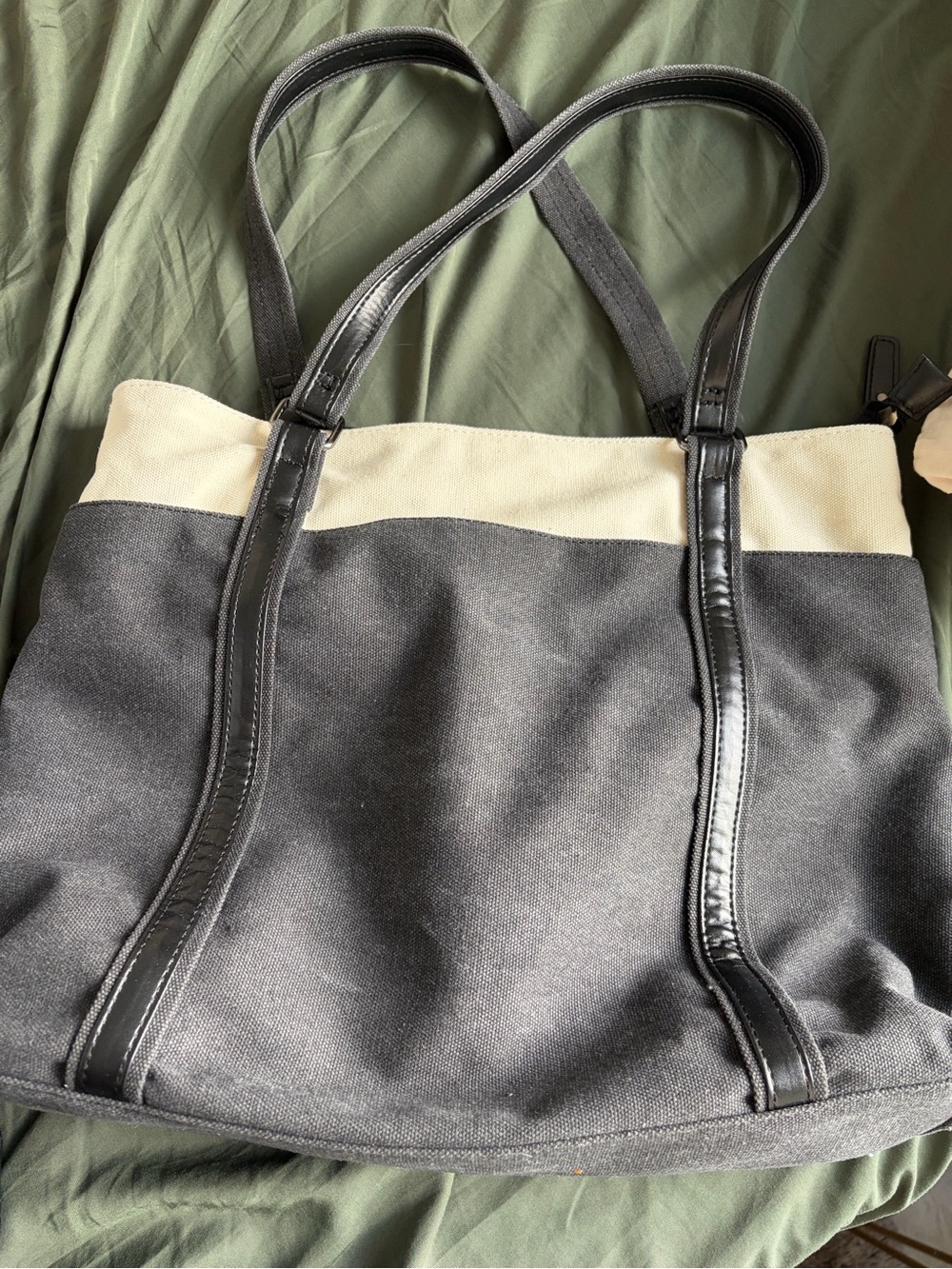 Black and Cream Tote Bag with faux Leather Trim and laptop sleeve